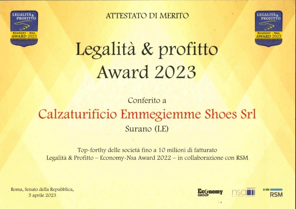 ASSEGNATO IL PREMIO LEGALITA PROFITTO AL CALZATURIFICIO EMMEGIEMME SHOES SRL di Surano Lecce PugliaLive Quotidiano di informazione on line